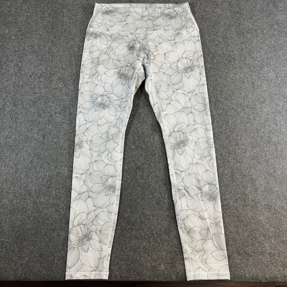 Nasty Fit Women XL Floral Dahlia Leggings Grey White High Waisted Athletic Pants